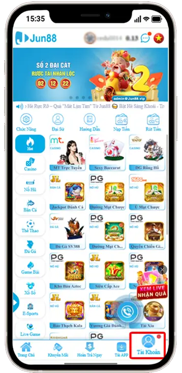 Bước 1: Tại Trang chủ » chọn Tài khoản
